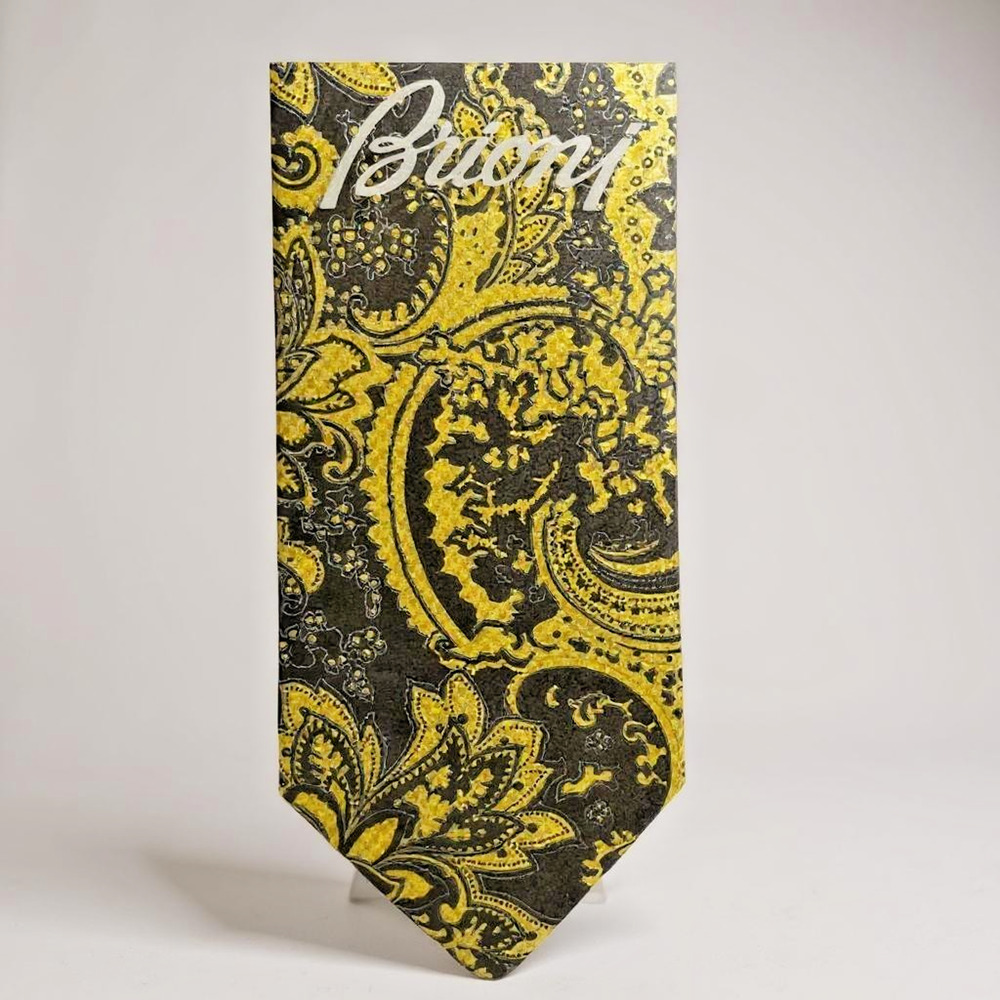 NWT Brioni Neck Tie Men Yellow Gold & Black Paisley Baroque Slim Silk Italy $840